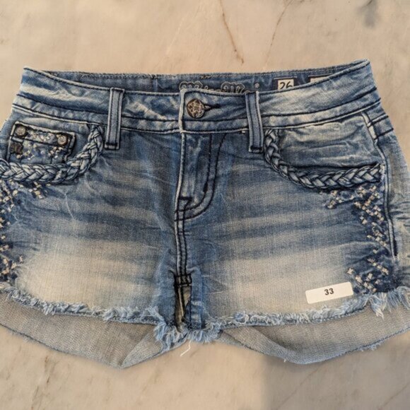 #33 Miss Me Distressed Denim Shorts with Floral Embellishments - Size 26 - Picture 2 of 5
